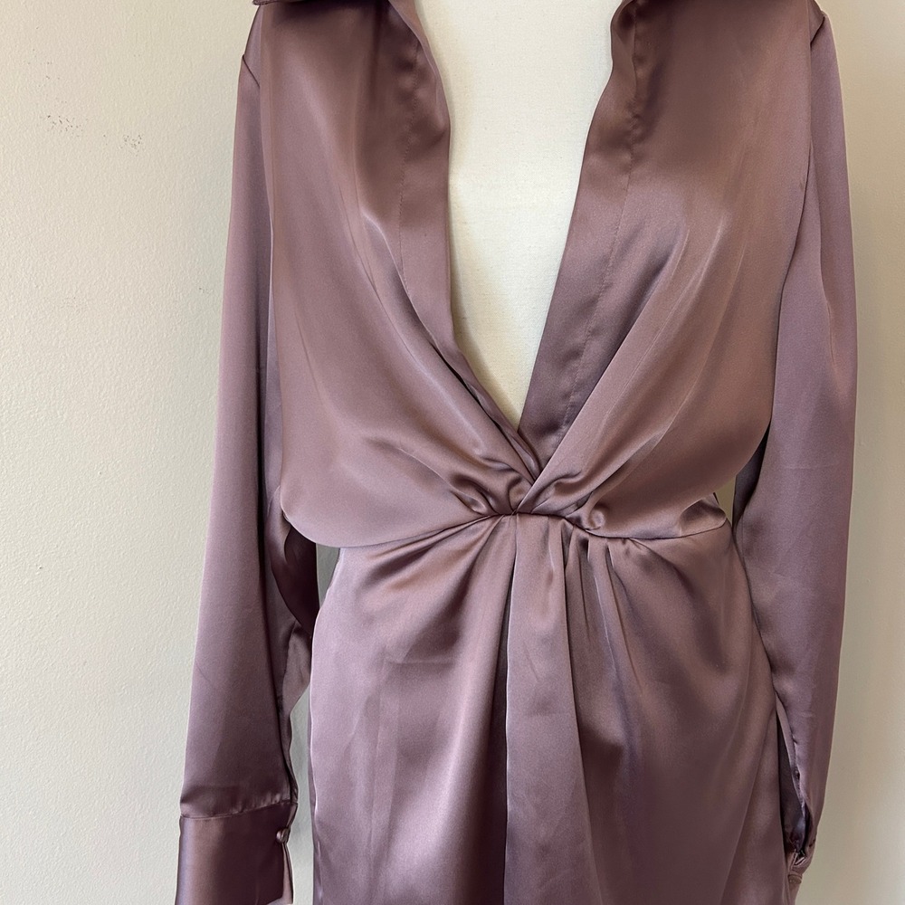 Zara Mauve Pink Satin Twisted Front Mini Shirt Cocktail Dress Small - Picture 10 of 14